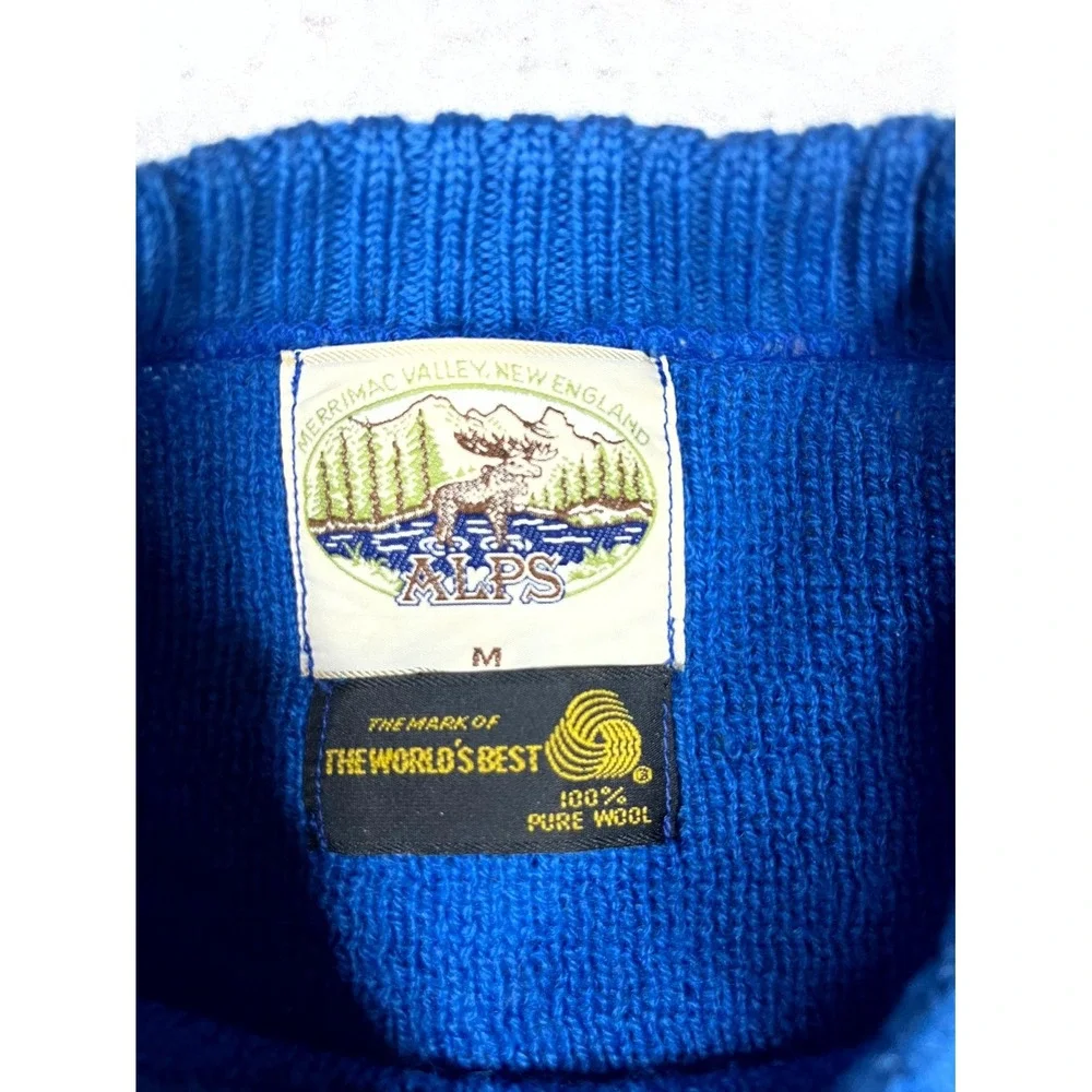Vintage 80s ALPS Sweater Mens Medium Blue Black Wool Moose Reindeer Ski Nordic